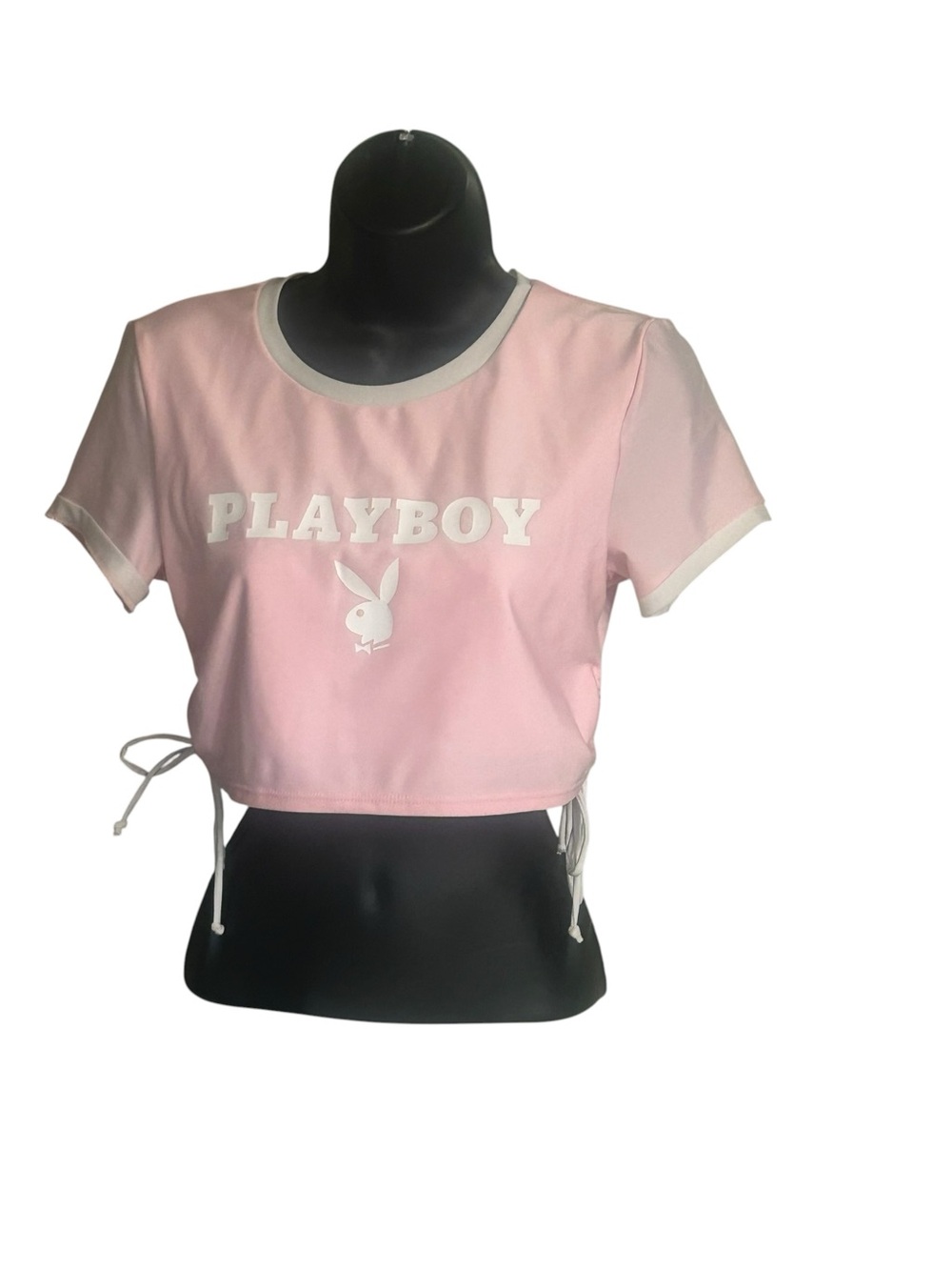 PLAYBOY Pink and White Cropped Logo Tee